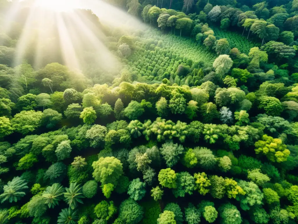 Un bosque exuberante con árboles majestuosos, luz solar filtrándose y diversa vida vegetal y animal en armonía