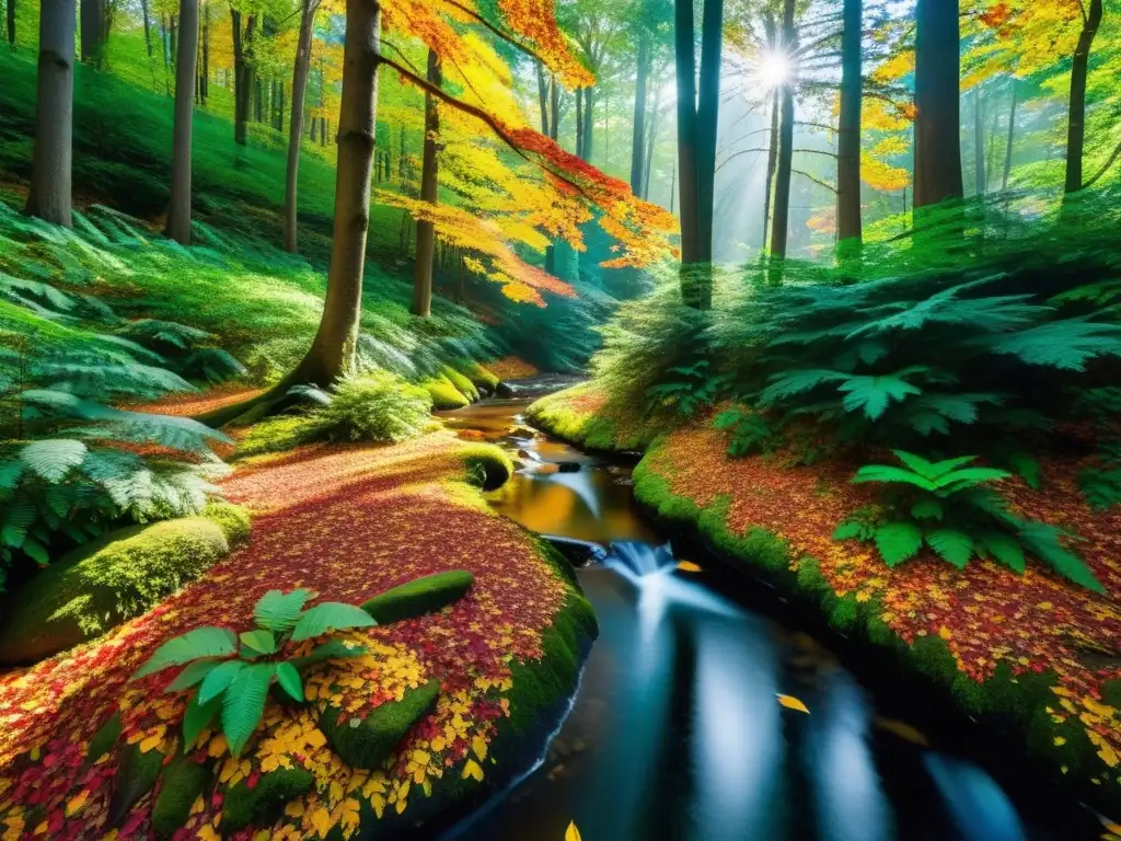Bosque otoñal con colores vibrantes y arroyo serpenteante Un bosque exuberante con árboles vibrantes en colores otoñales