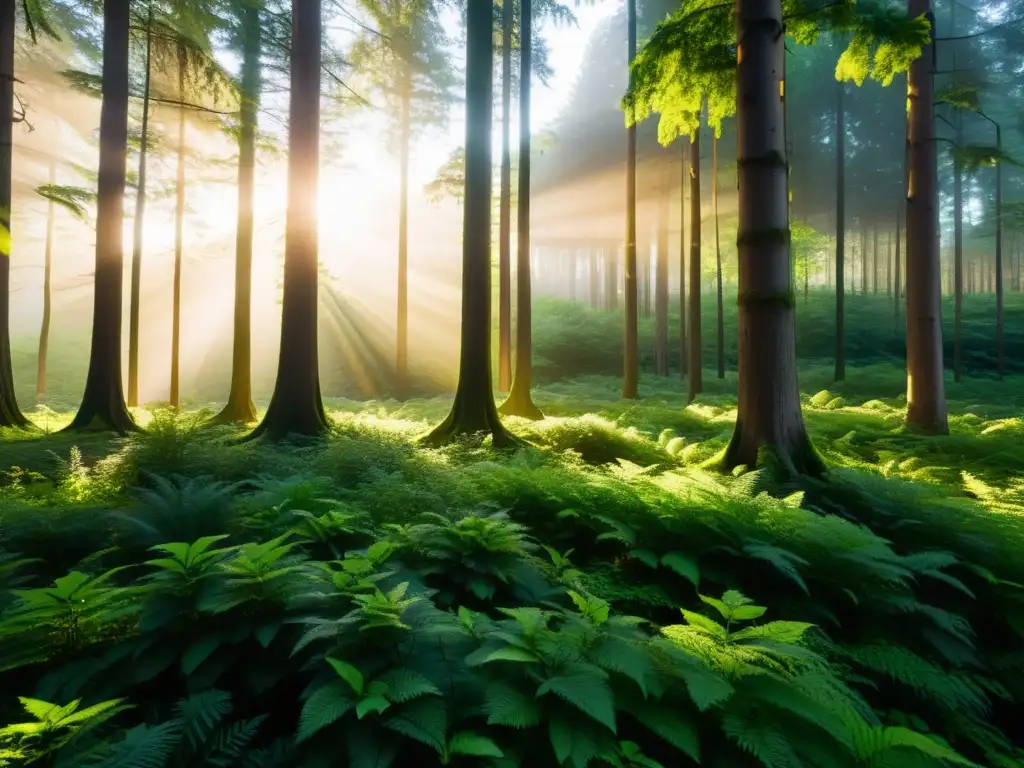 Un bosque exuberante al atardecer, con luz dorada entre la densa vegetación