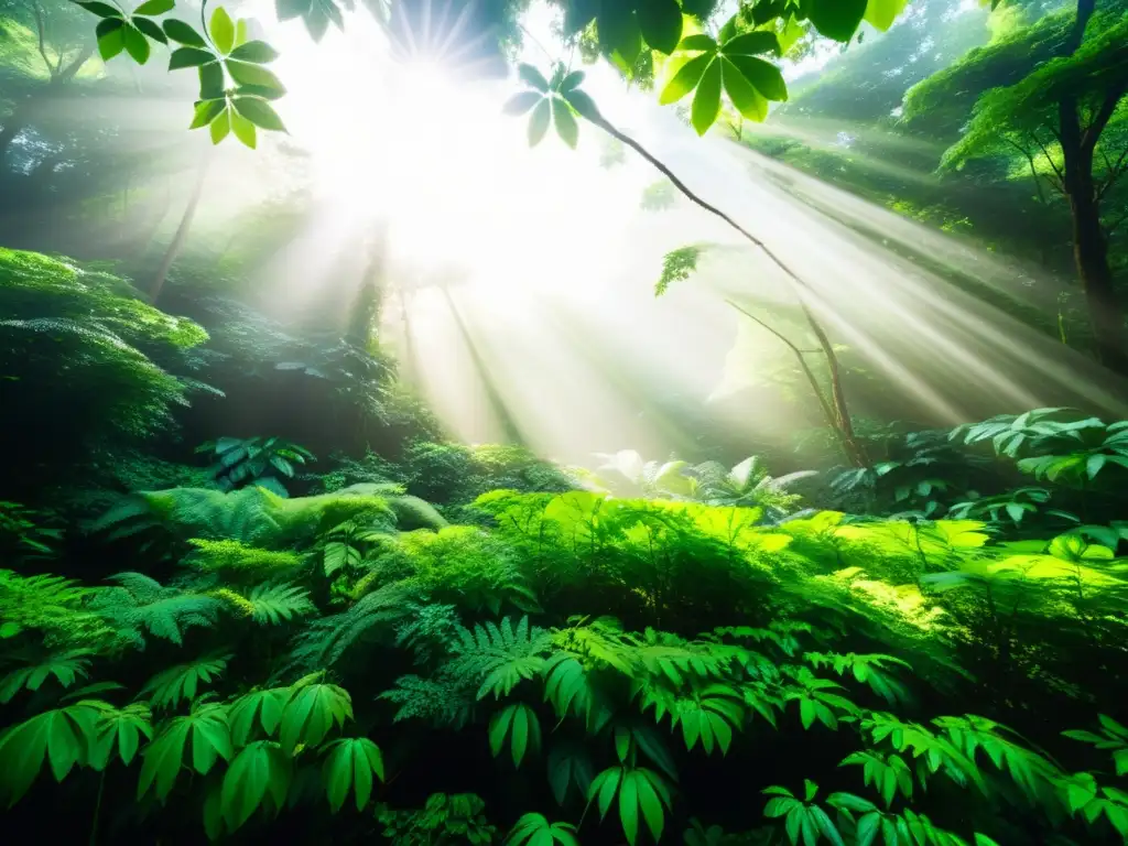 Un bosque exuberante bañado por la luz del sol, reflejando la biodiversidad