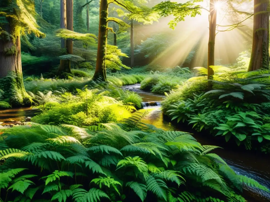 Un bosque exuberante bañado en luz dorada, con diversa vida silvestre