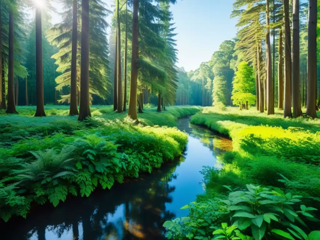 Un bosque exuberante bañado por el sol, con árboles majestuosos y un arroyo serpenteante