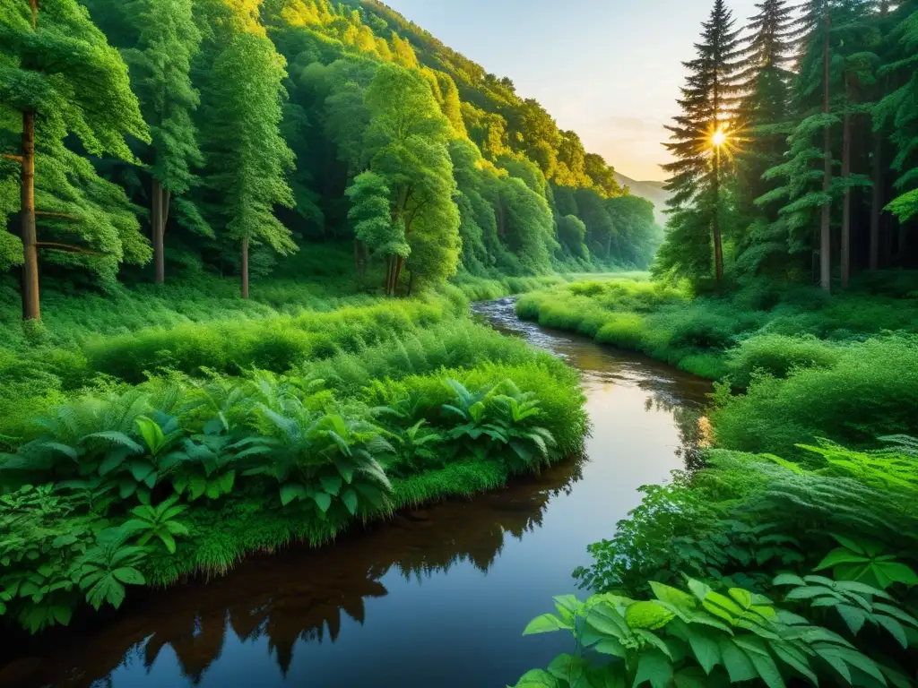 Un bosque exuberante bañado por la suave luz del sol poniente