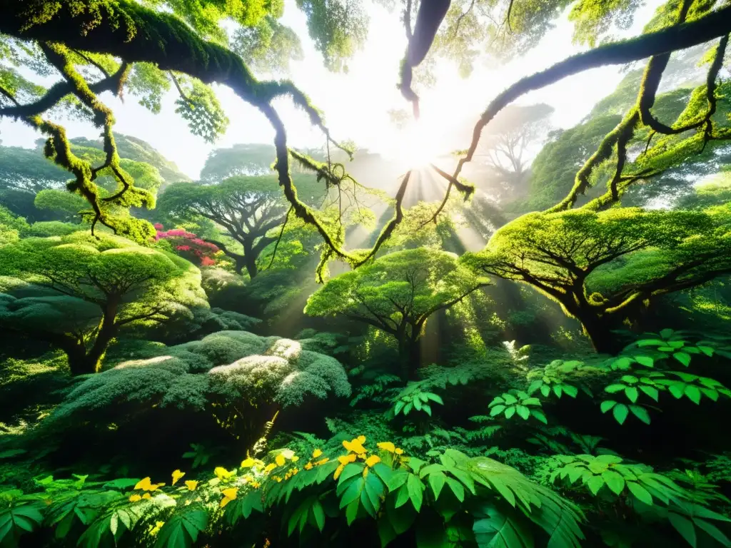 Un bosque exuberante y biodiverso, con luz filtrándose a través de las hojas y creando patrones de luz y sombra en el suelo