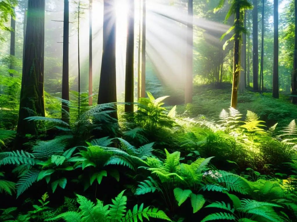 Un bosque exuberante y biodiverso, con luz solar filtrándose a través del dosel y creando sombras moteadas en el suelo del bosque