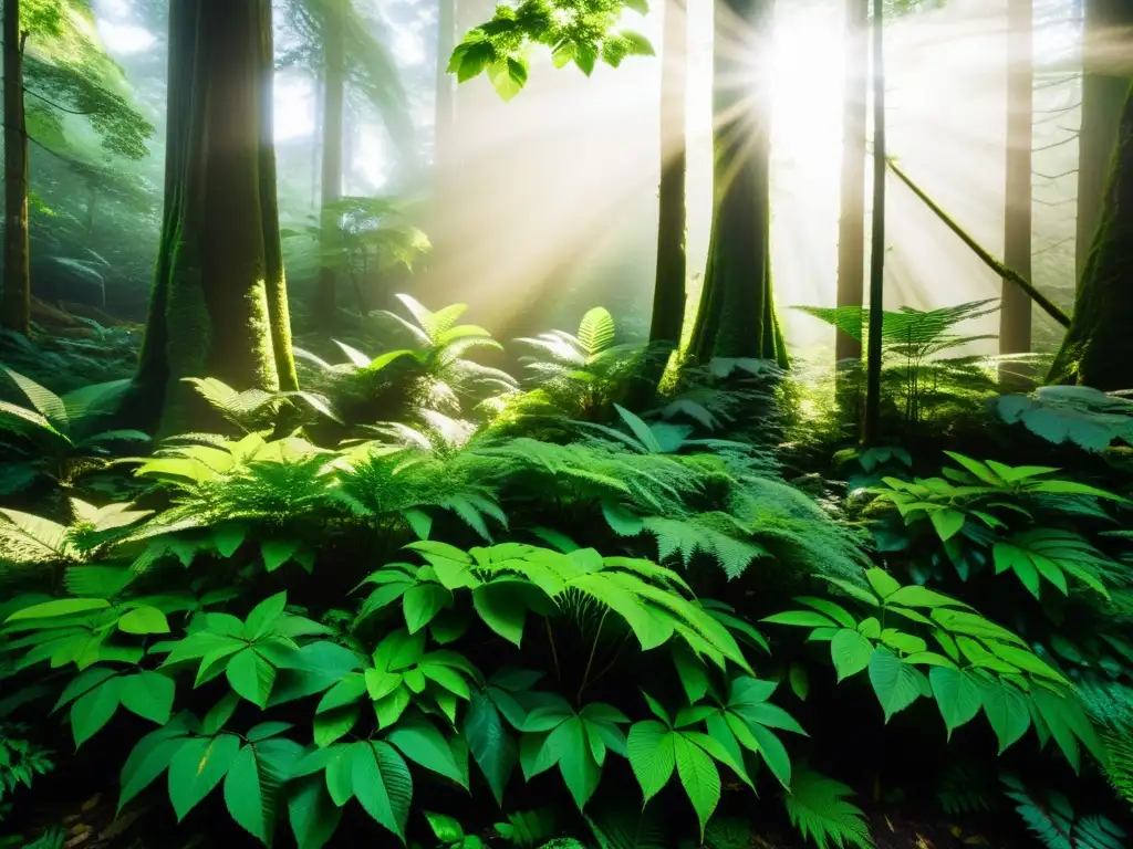 Un bosque exuberante y biodiverso con luz solar entre el dosel, resaltando la belleza natural