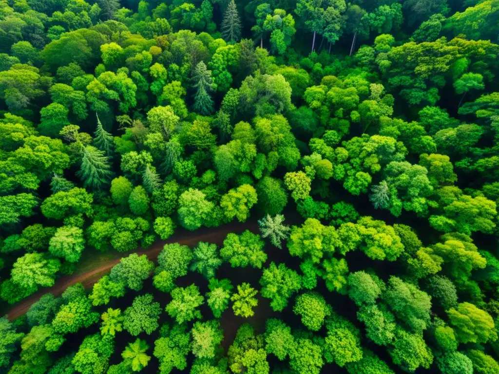 Un bosque exuberante capturado por un dron, con patrones verdes e intrincados, juegos de luz y sombra