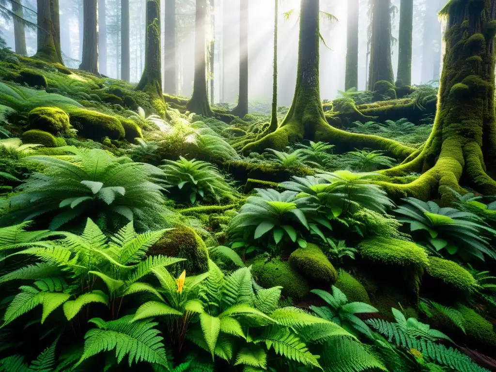 Un bosque exuberante y denso con árboles cubiertos de musgo verde vibrante y helechos delicados