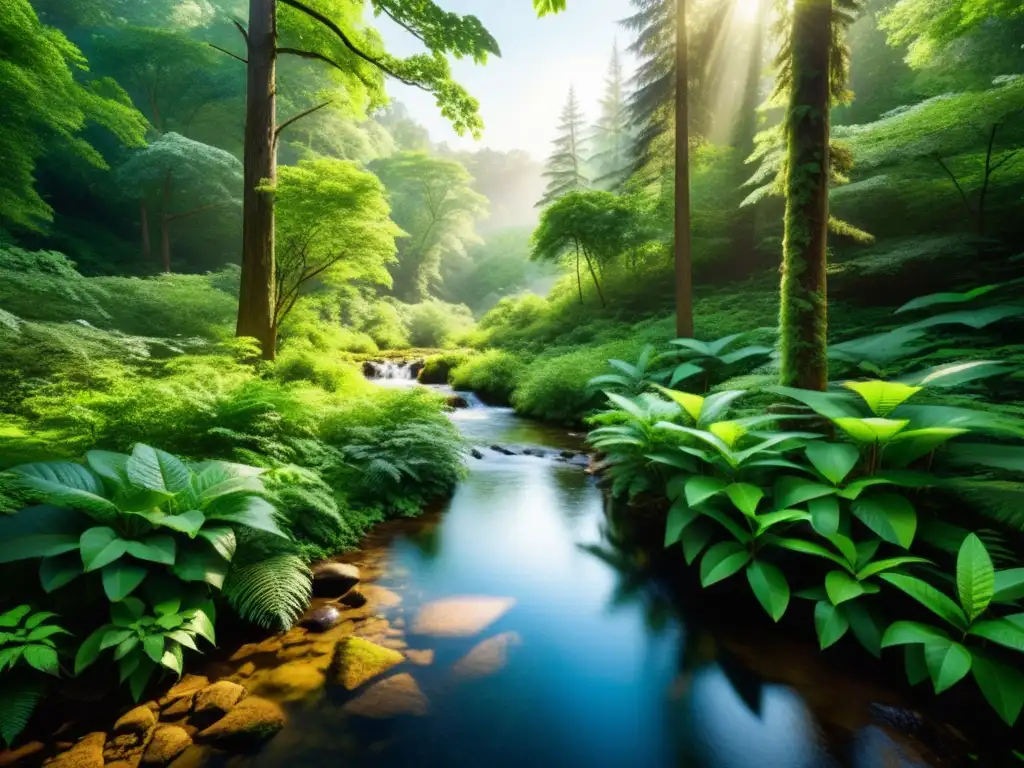 Un bosque exuberante y denso, con luz solar filtrándose entre el dosel, resaltando hojas verdes vibrantes y una variedad diversa de árboles