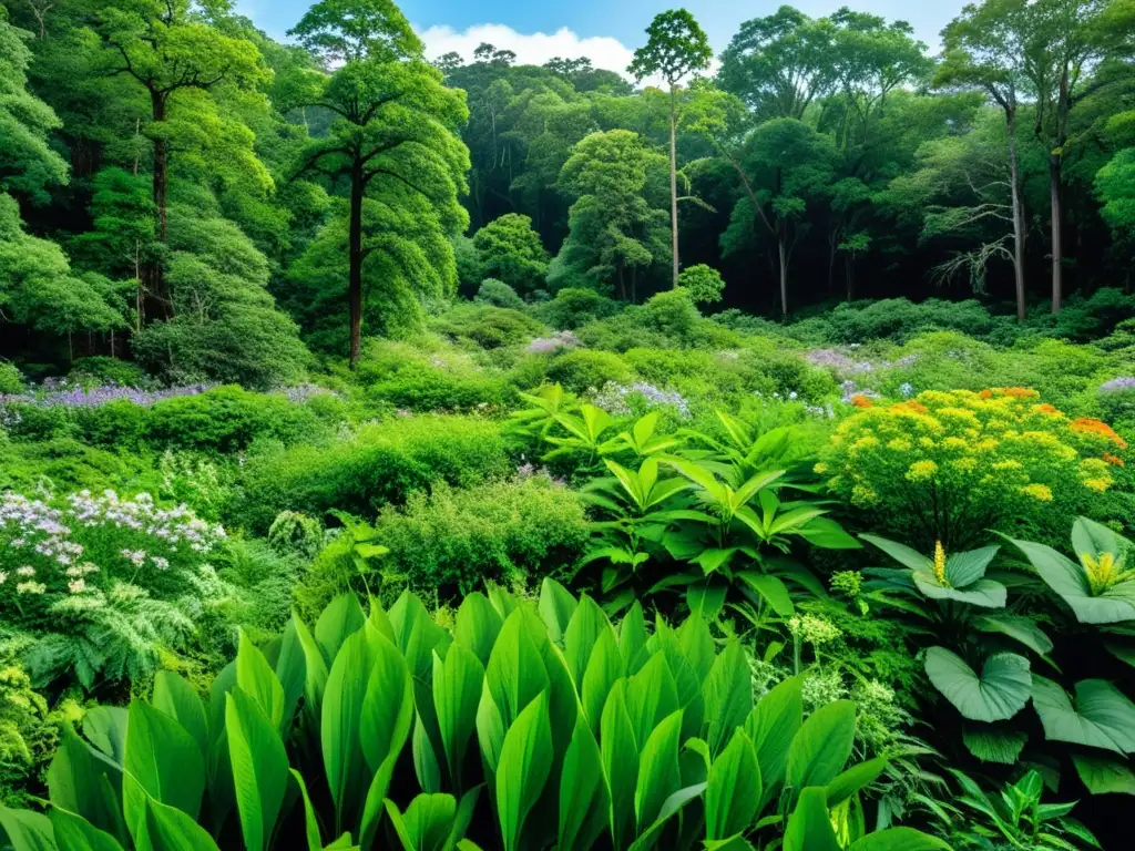 Un bosque exuberante y denso con una variedad de plantas nativas floreciendo, pero invasoras que impactan el ecosistema