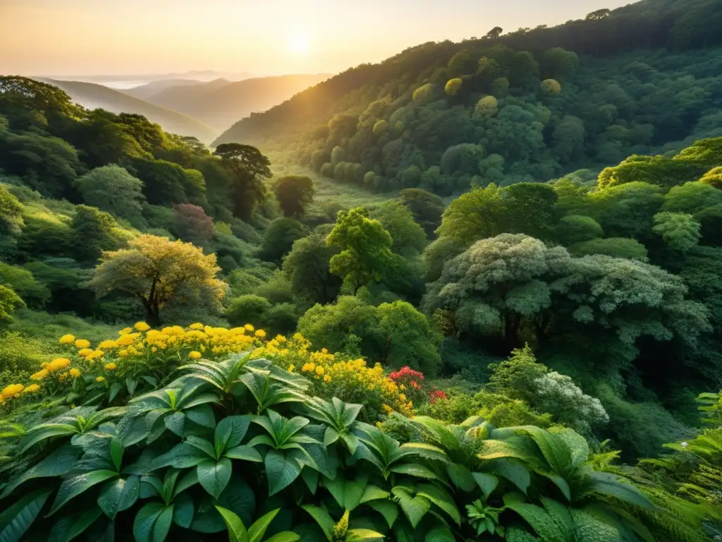 Un bosque exuberante y detallado bañado por la luz dorada del atardecer, revelando la belleza y complejidad de la naturaleza