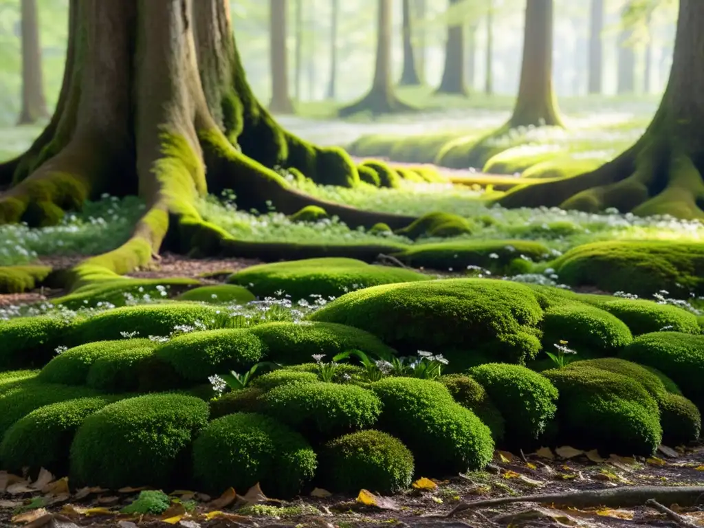 Un bosque exuberante y detallado, con musgo vibrante, flores silvestres y un arroyo cristalino