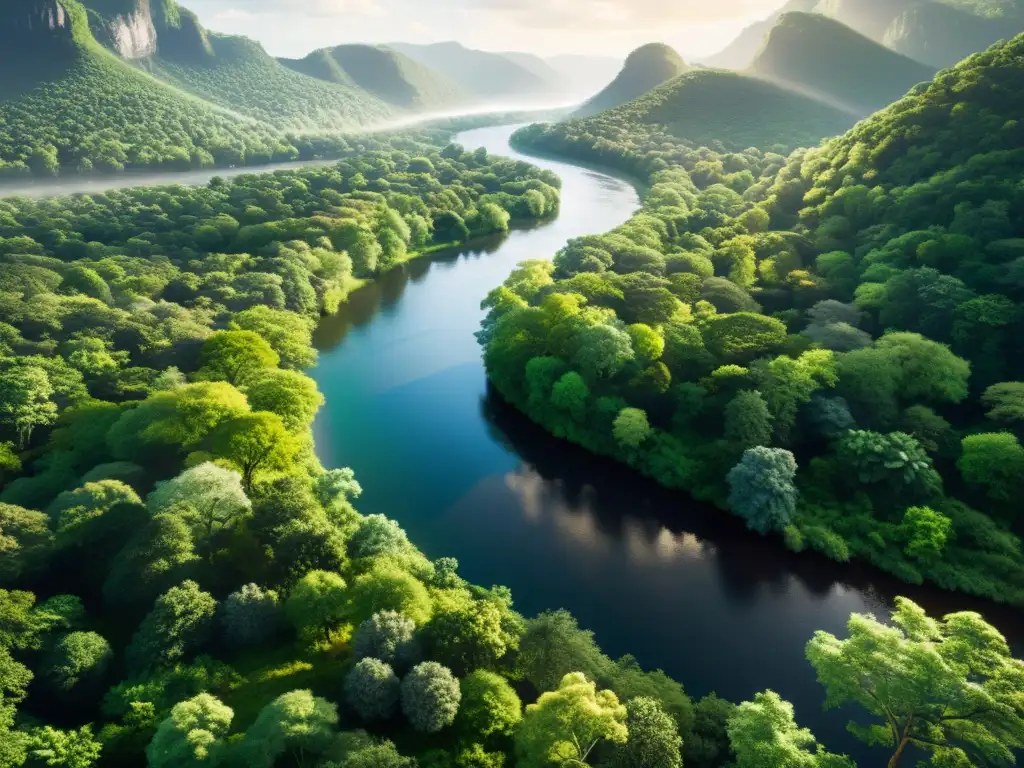 Un bosque exuberante con diversidad de árboles, follaje vibrante y un río serpenteante