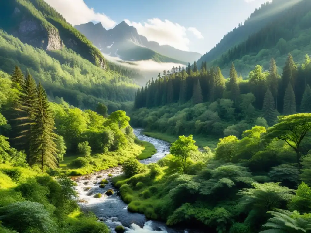 Un bosque exuberante y diverso con árboles altos, vida silvestre y un arroyo