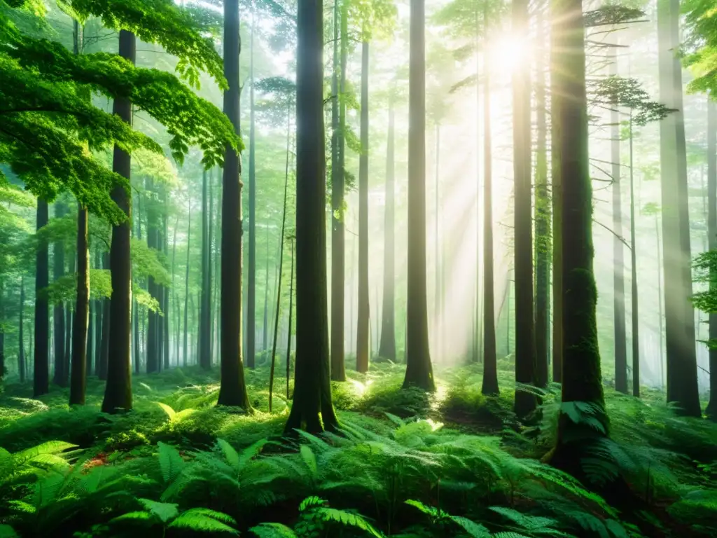 Un bosque exuberante y diverso, con luz solar filtrándose a través del dosel