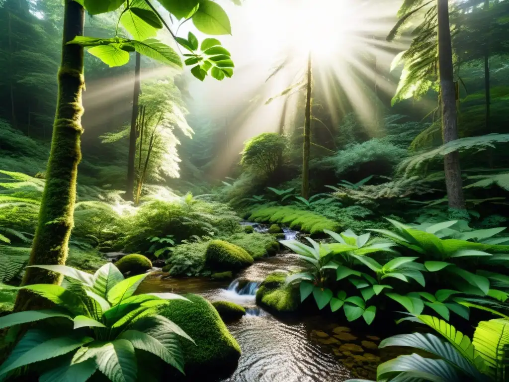 Un bosque exuberante y diverso, con luz solar filtrándose a través del dosel, iluminando un arroyo burbujeante y una gran variedad de vida vegetal