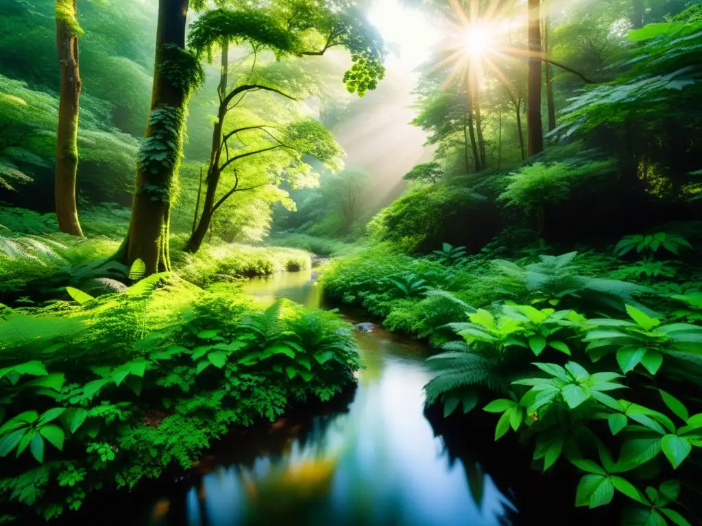 Un bosque exuberante y diverso, con luz cálida filtrándose a través del dosel, reflejando beneficios salud mental ecosistemas