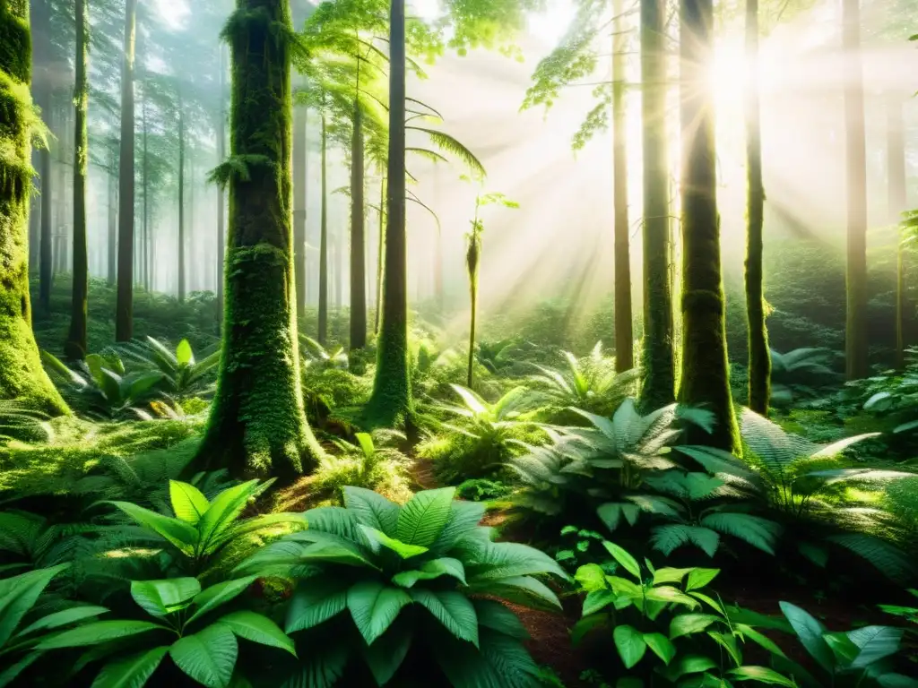 Un bosque exuberante y diverso, con luz solar filtrándose a través del dosel