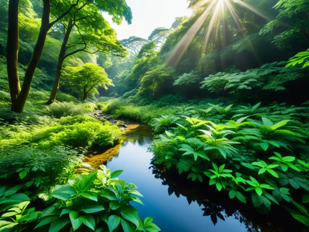 Un bosque exuberante y diverso, con luz solar filtrándose a través del dosel, creando sombras moteadas en el suelo