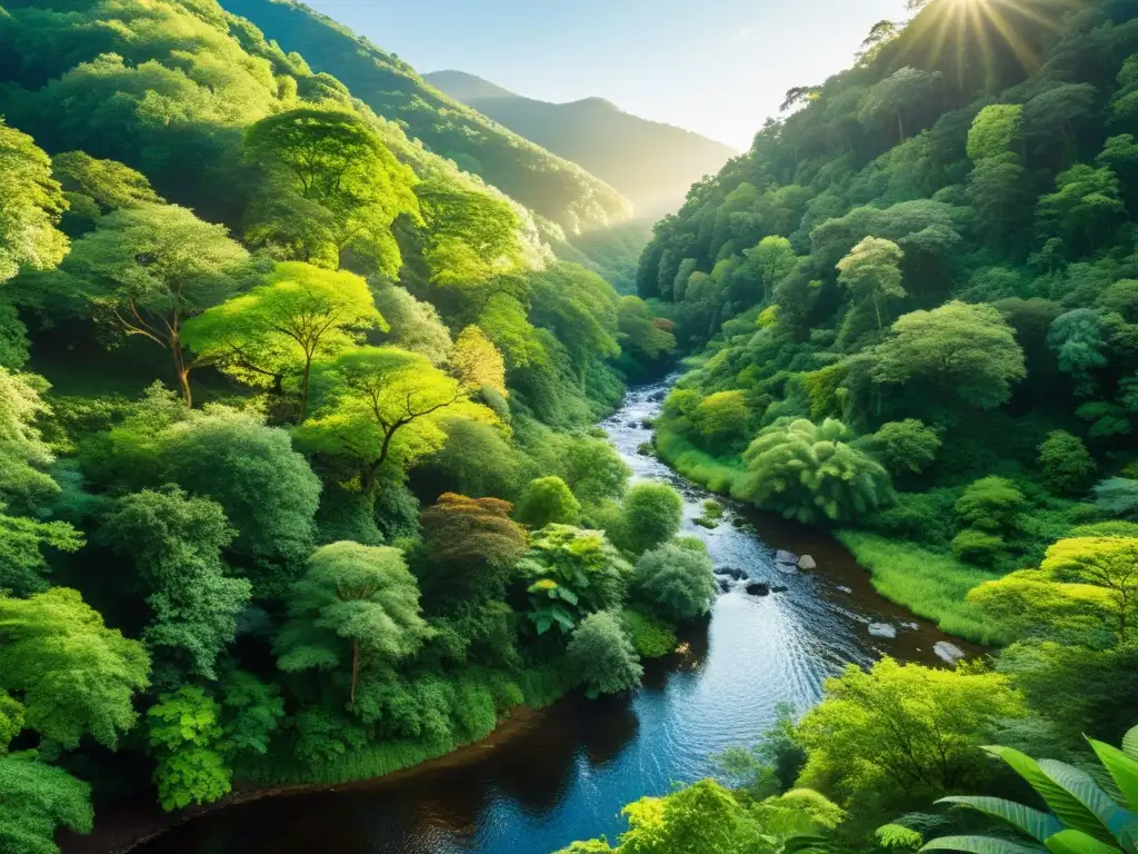 Un bosque exuberante y diverso con luz solar filtrándose a través del dosel, destacando una variedad de especies vegetales y follaje verde vibrante