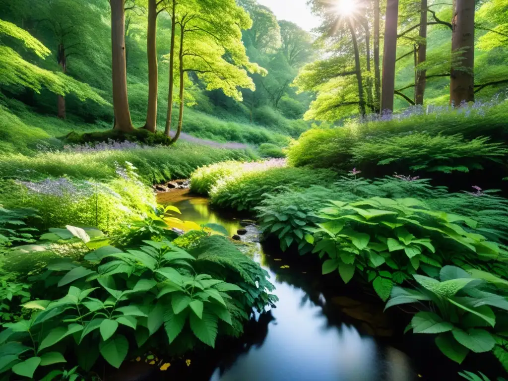 Un bosque exuberante y diverso con luz solar filtrándose a través del dosel, resaltando la exuberante vegetación y la variada vida vegetal