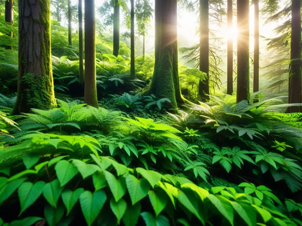 Un bosque exuberante y diverso, con luz solar filtrándose a través del dosel