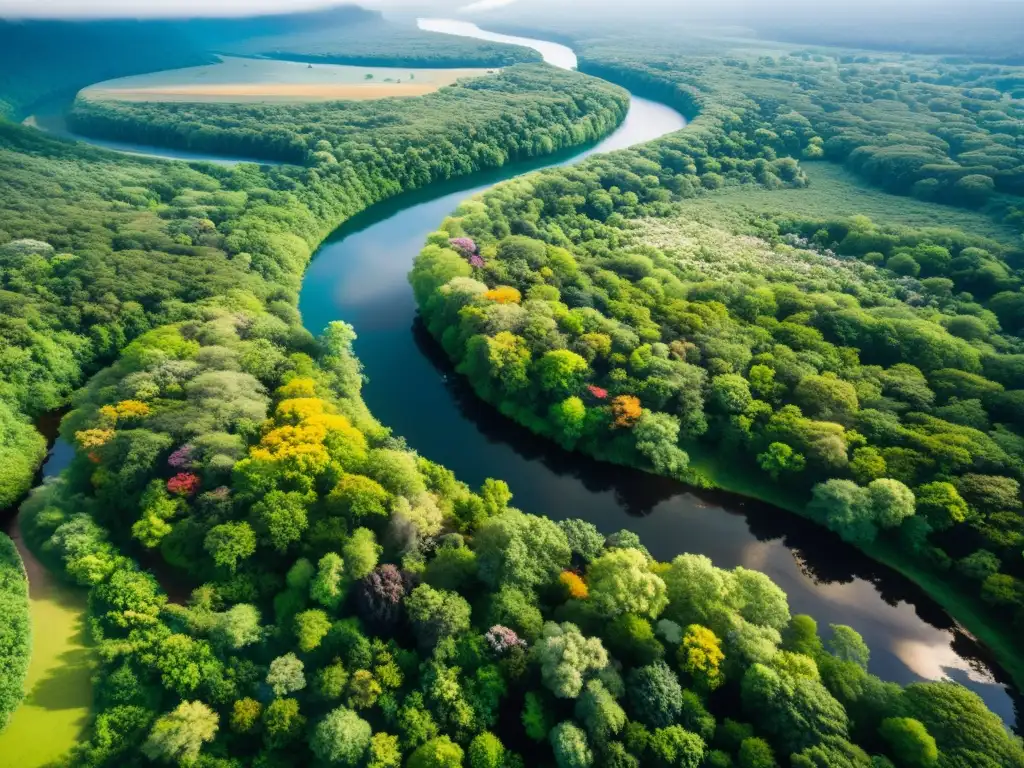 Un bosque exuberante y diverso con un río serpenteante