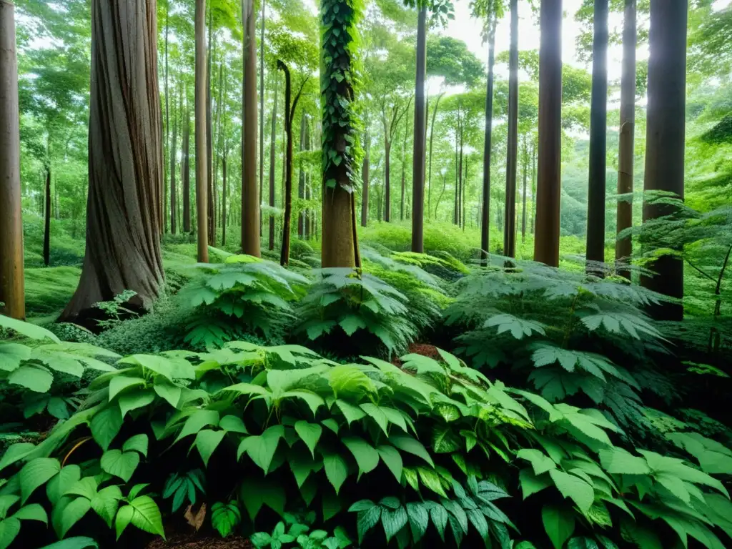 Un bosque exuberante con especies invasoras en primer plano destaca el impacto en el ecosistema