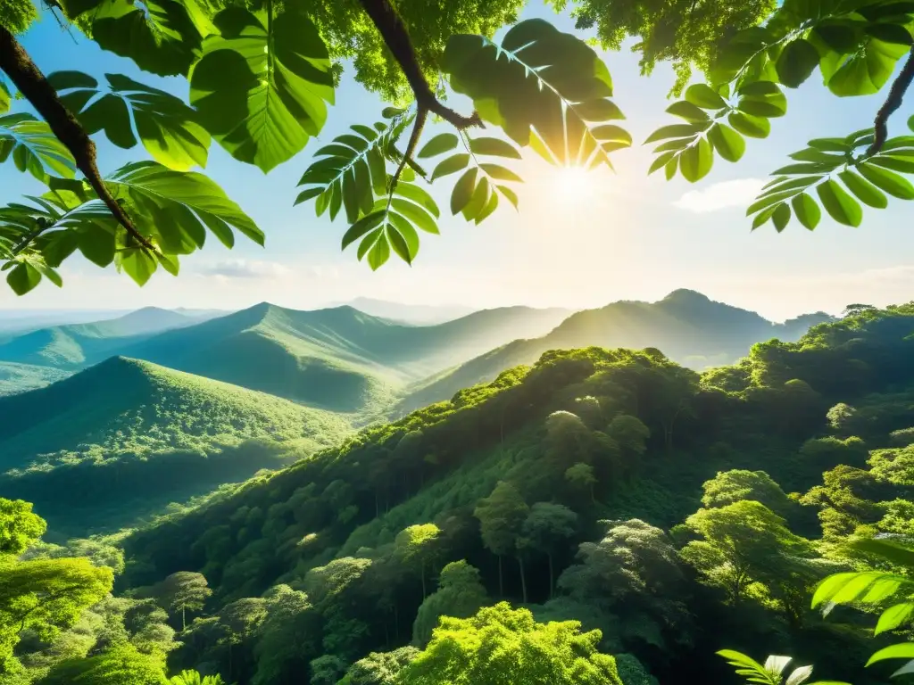 Un bosque exuberante y expansivo con luz solar filtrándose a través del dosel, resaltando la rica biodiversidad y belleza natural del entorno