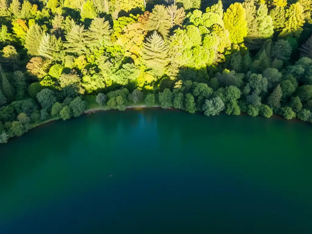 Un bosque exuberante y expansivo, con rayos de sol filtrándose a través del dosel