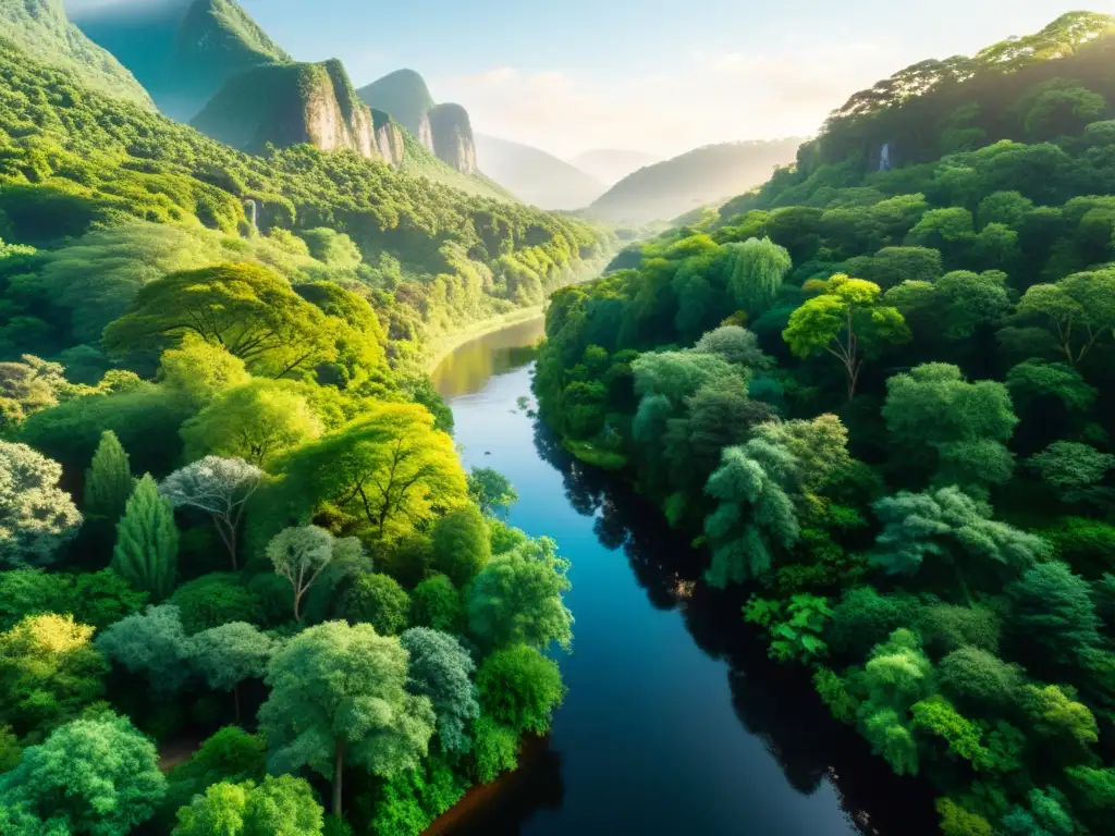 Un bosque exuberante y expansivo con una variedad diversa de árboles, plantas y vida silvestre