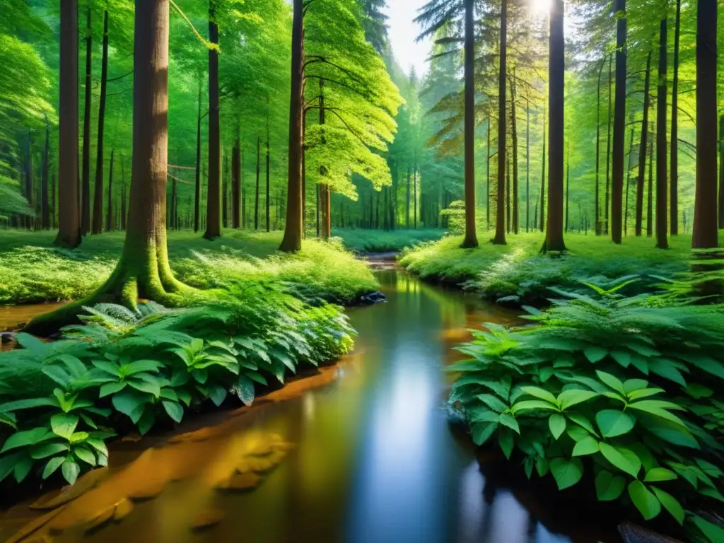 Un bosque exuberante y frondoso con árboles altos y un arroyo cristalino