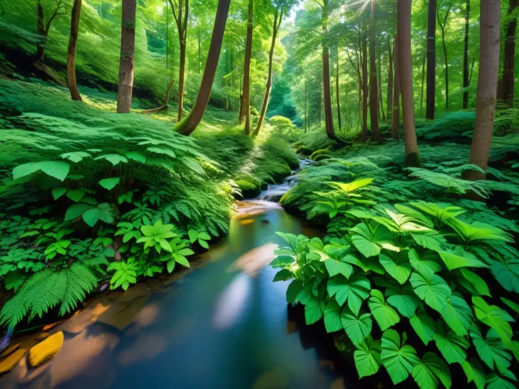 Un bosque exuberante y frondoso, con árboles altos y hojas verdes vibrantes formando un dosel