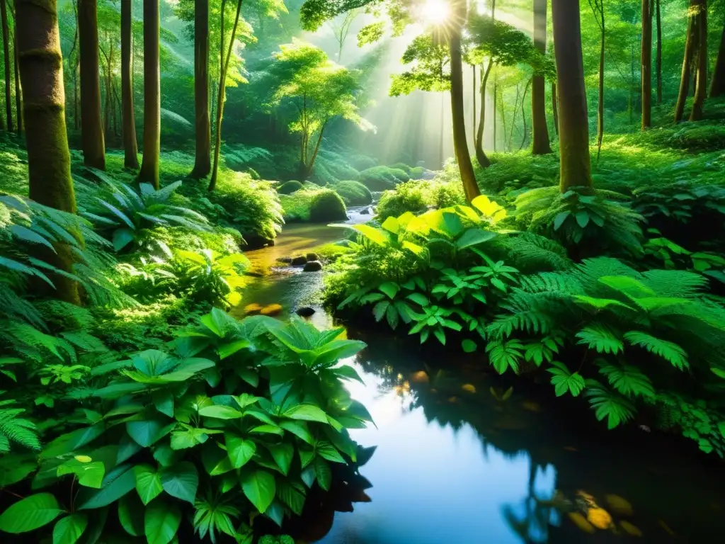 Un bosque exuberante y frondoso con árboles imponentes y una diversidad de plantas