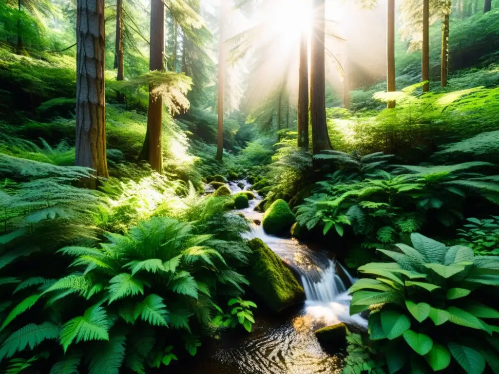 Un bosque exuberante y frondoso con árboles perennes imponentes, follaje verde vibrante y diversa vegetación en el suelo