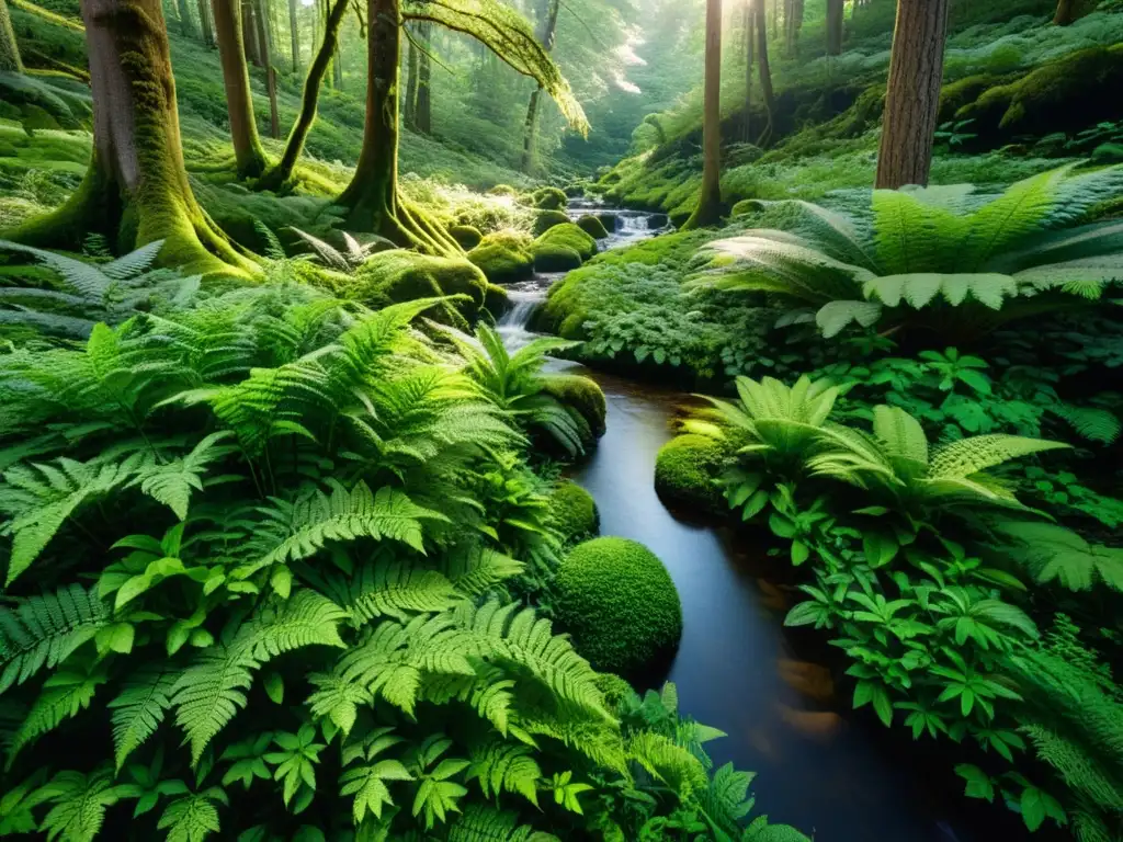 Un bosque exuberante con luz filtrándose entre el dosel, resaltando la flora vibrante y creando patrones de luz y sombra en el suelo