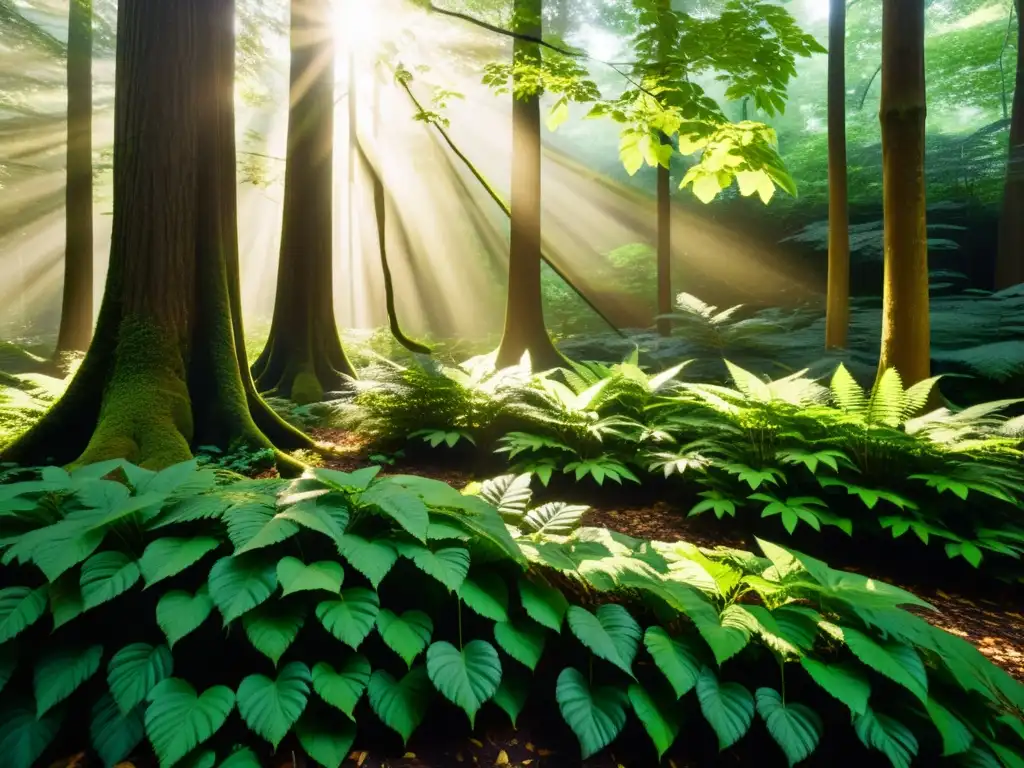 Un bosque exuberante con luz filtrada, creando sombras fascinantes