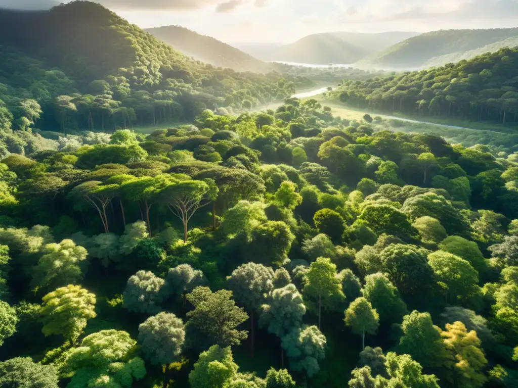 Un bosque exuberante con la luz del sol filtrándose a través del dosel, muestra la belleza natural y la abundancia de vegetación