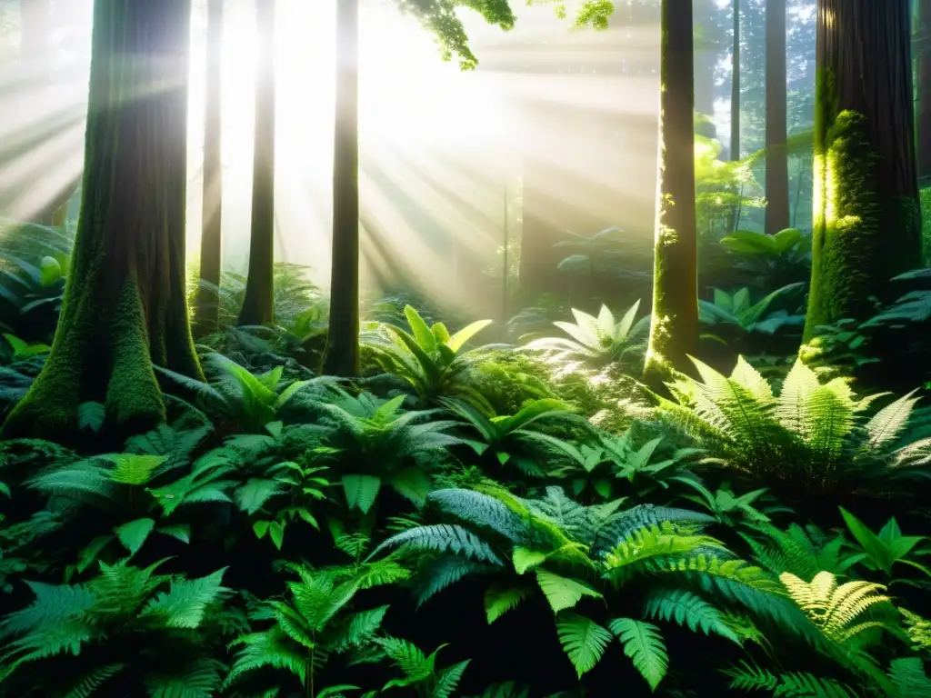 Bosque exuberante: biodiversidad y armonía Un bosque exuberante con luz solar filtrándose a través del dosel, resaltando la frondosidad y creando patrones de luz y sombra en el suelo