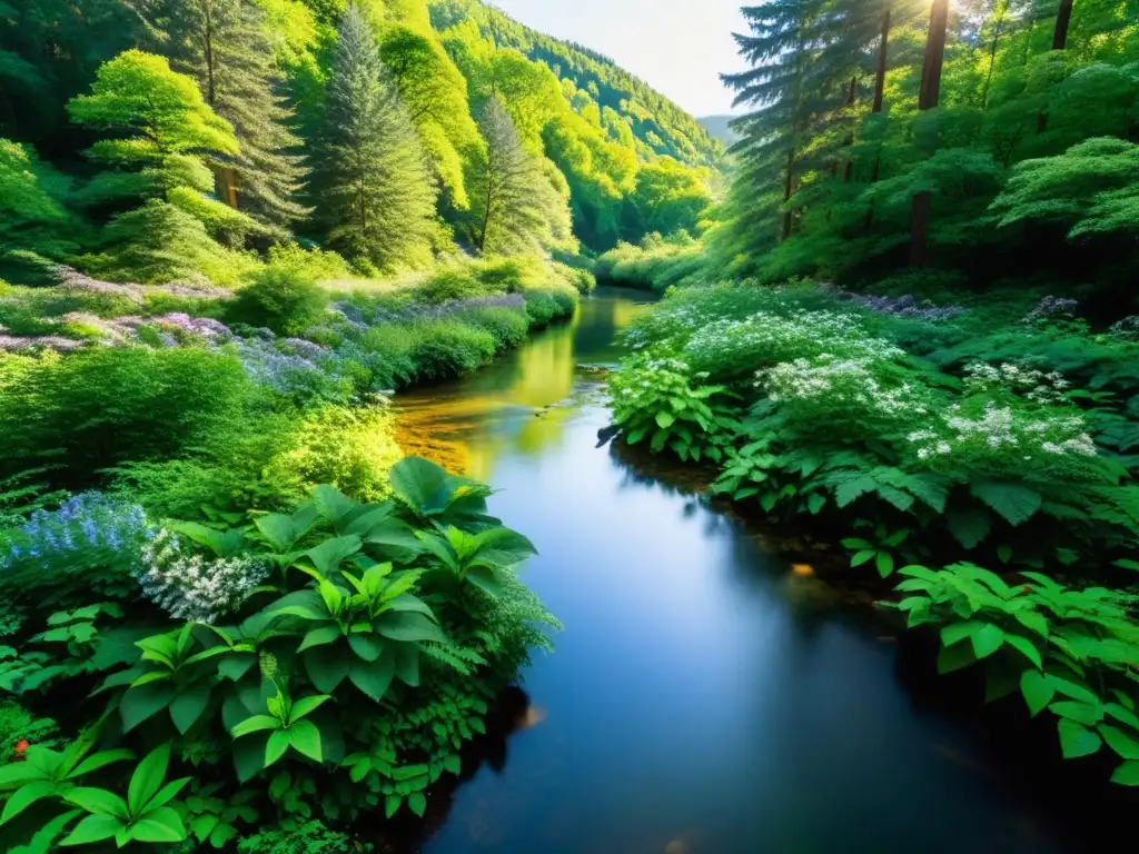 Un bosque exuberante con luz solar entre el dosel, resaltando los colores vibrantes de la vegetación y creando un juego fascinante de luces y sombras en el suelo del bosque