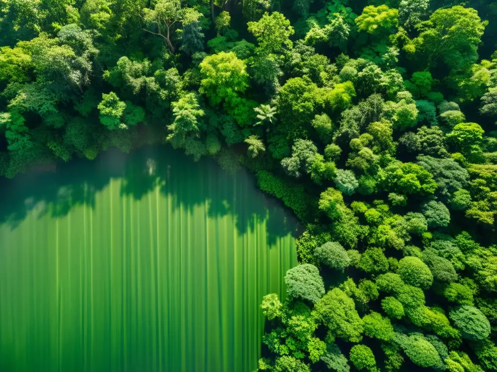 Un bosque exuberante con luz solar filtrándose entre las hojas verdes