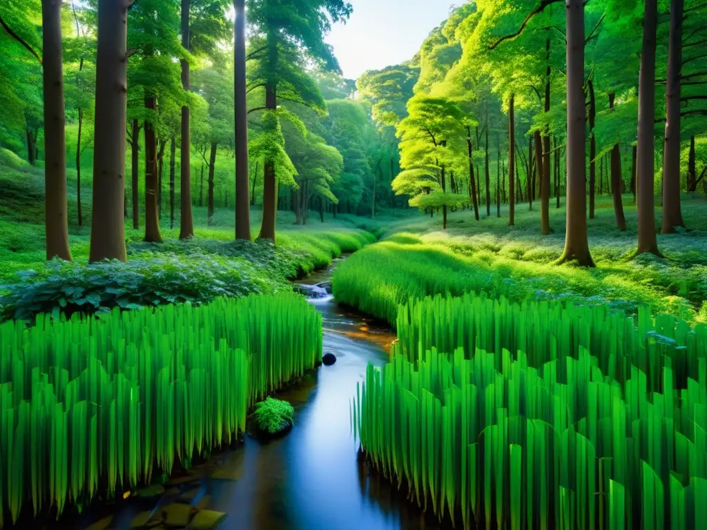 Un bosque exuberante con luz solar filtrándose entre las hojas, un arroyo y sonidos naturales de aves y insectos, efectos salud sonidos naturales