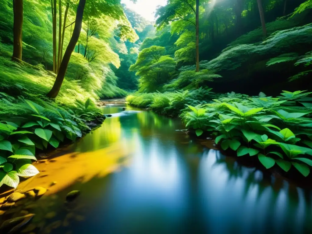 Un bosque exuberante con luz solar filtrándose a través del dosel denso, iluminando un arroyo sereno que fluye entre la frondosa vegetación