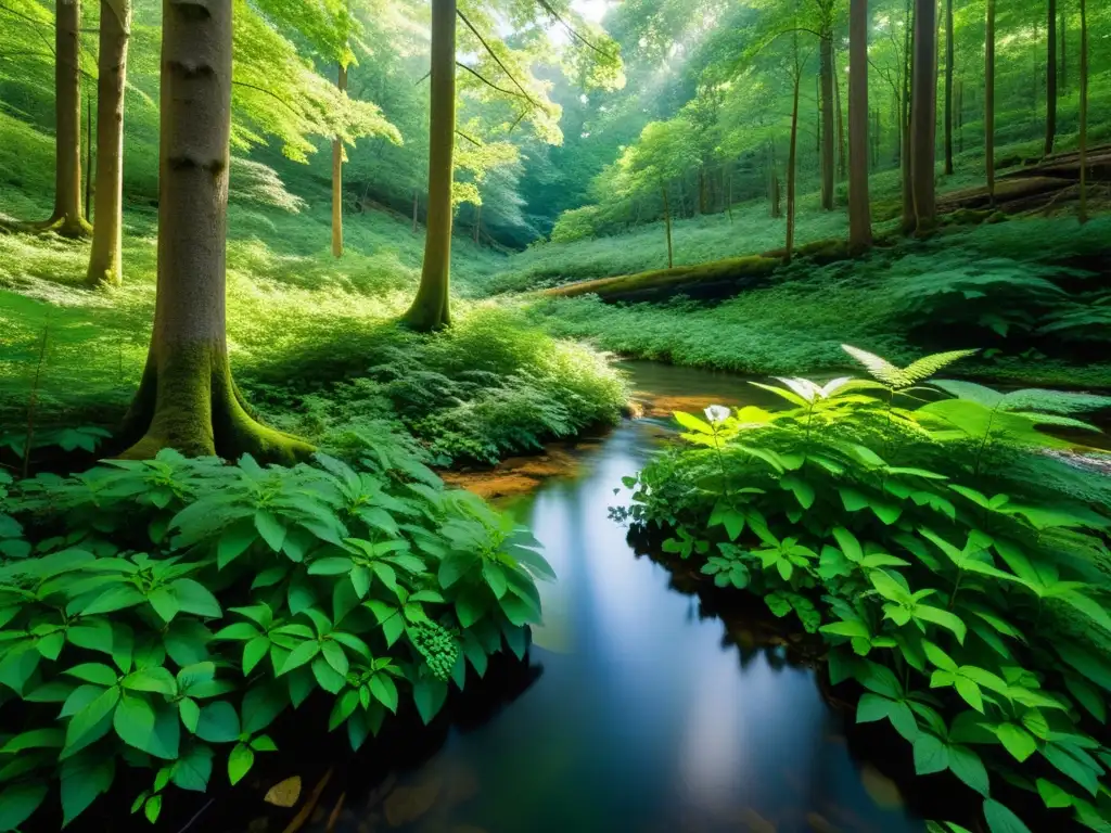 Un bosque exuberante con luz solar filtrándose a través del dosel, reflejando patrones de luz y sombra en el suelo