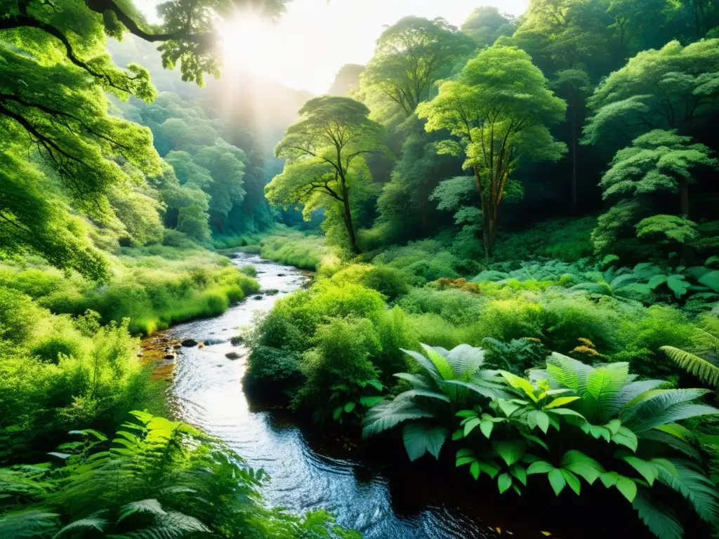 Biodiversidad en un bosque exuberante con luz solar filtrándose a través del dosel, destacando el verde intenso de la vegetación