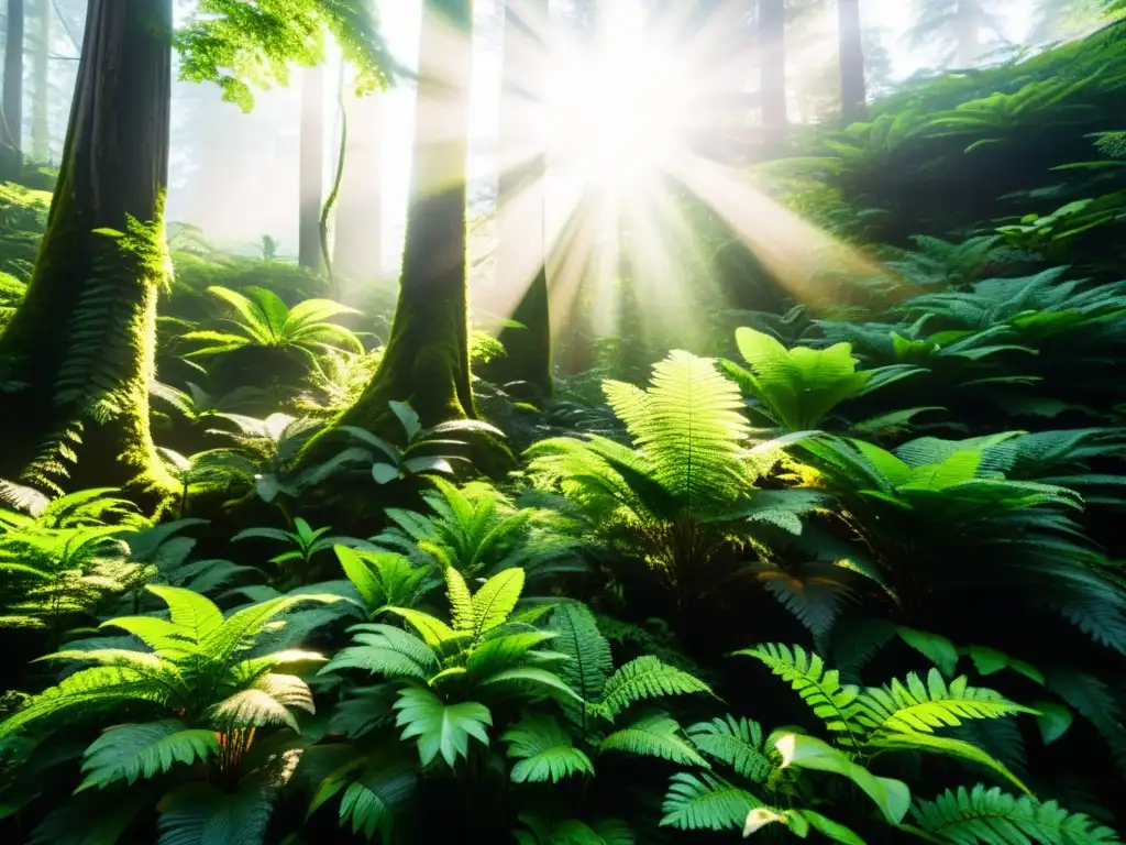 Un bosque exuberante con luz solar filtrándose entre las hojas, destacando su vibrante color