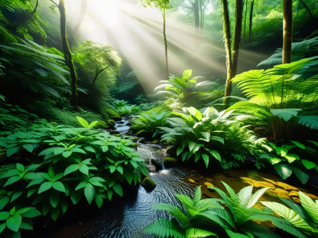 Un bosque exuberante con luz solar filtrándose a través del dosel, resaltando la diversa variedad de plantas