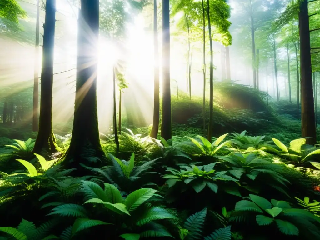 Un bosque exuberante con luz solar filtrándose entre las hojas, mostrando un ecosistema vibrante y la tranquilidad de la naturaleza