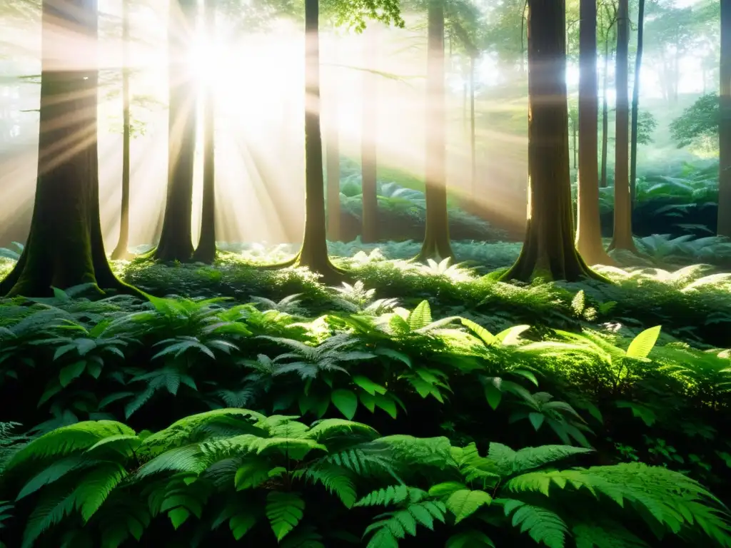 Un bosque exuberante con luz solar filtrándose a través del dosel, creando patrones de sombra y luz en la exuberante vegetación