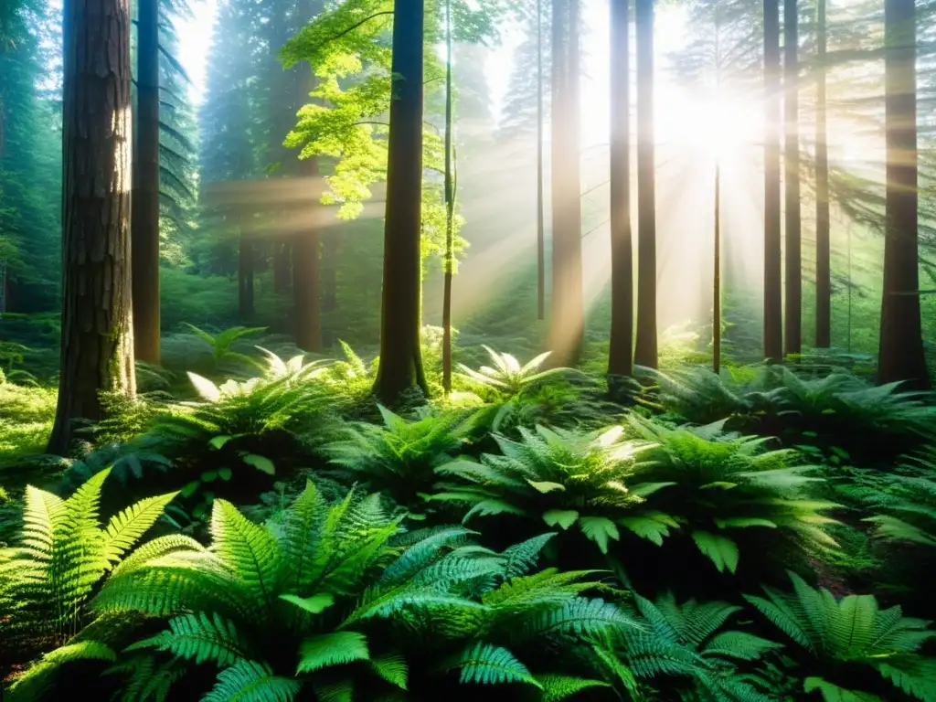 Un bosque exuberante con luz solar filtrándose entre las hojas, mostrando la biodiversidad y la importancia de preservar hábitats naturales